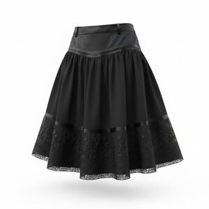 Marvelous Black Satin Yoke Lace Trim Midi Skirt Embroidered Hem M fits like S